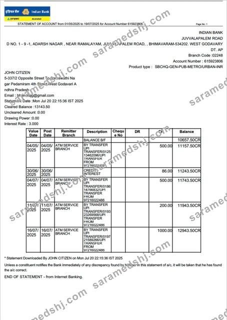 Indian Bank Allahabad statement of account Word and PDF template, version 2